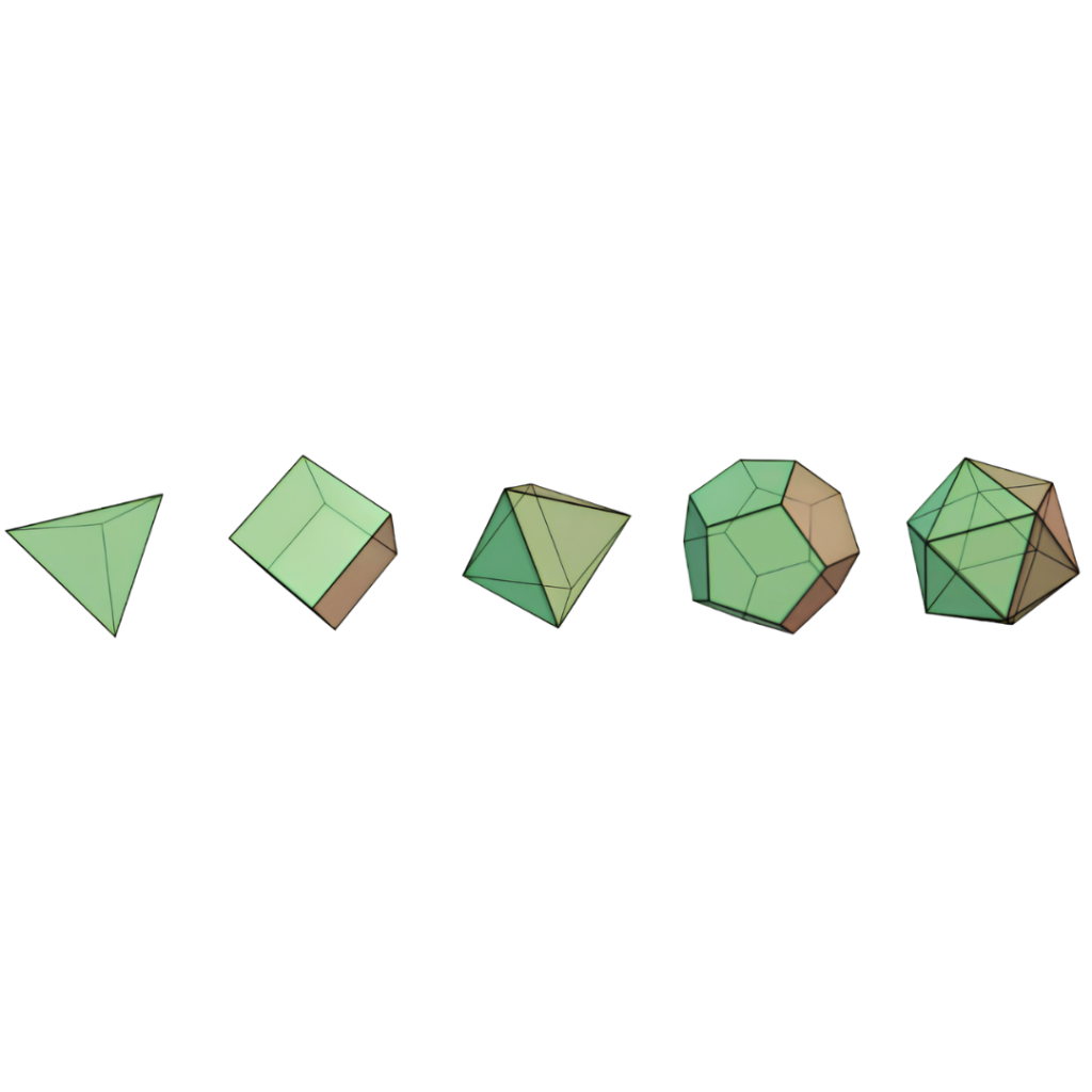 Illustration des cinq solides de Platon alignés sur fond blanc : tétraèdre, cube, octaèdre, dodécaèdre et icosaèdre, représentés en volumes géométriques translucides aux tons verts et bruns.