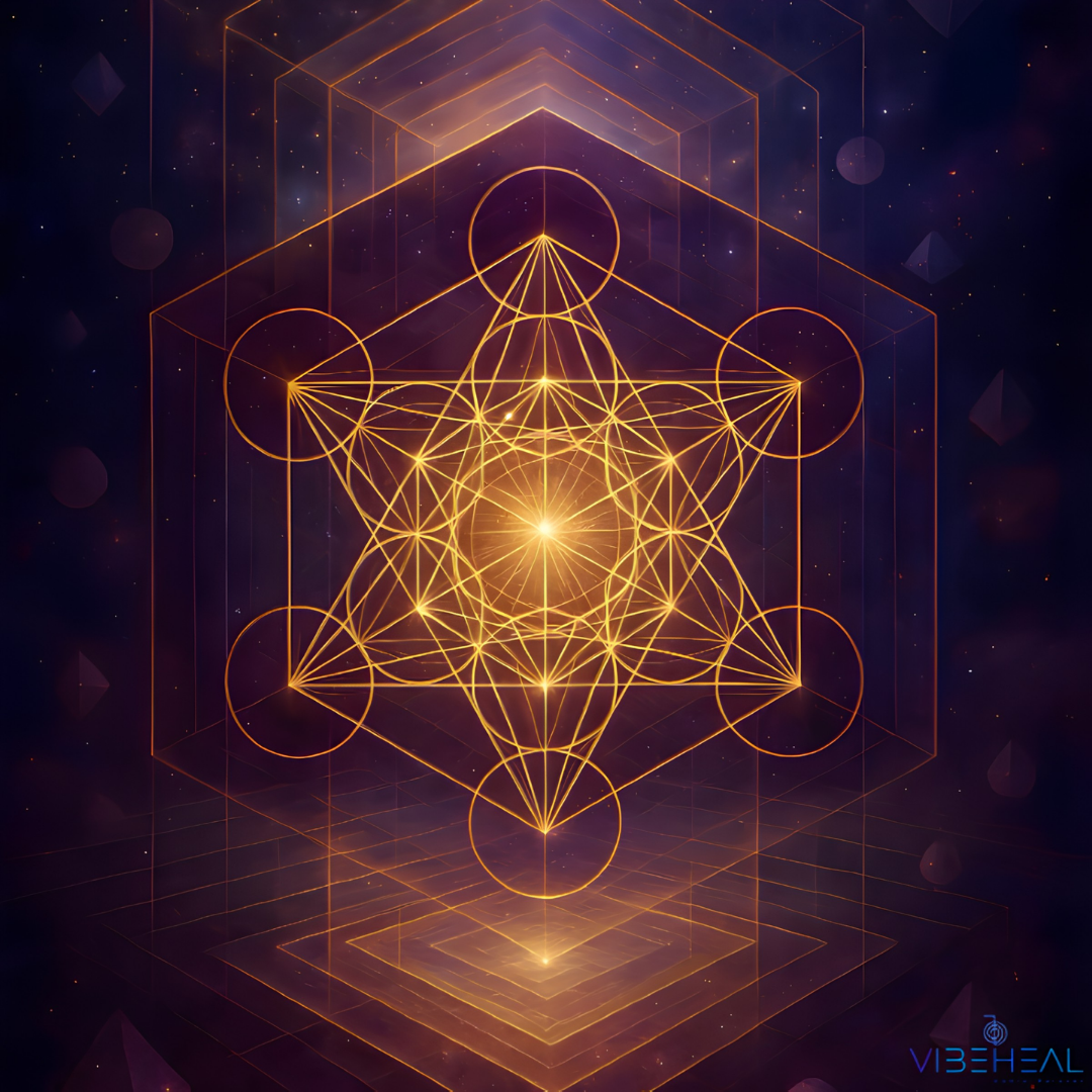 Illustration lumineuse du Cube de Métatron en lignes dorées sur un fond cosmique violet et bleu, avec une source de lumière centrale évoquant l’énergie et la géométrie sacrée, et le logo VibeHeal en bas à droite.