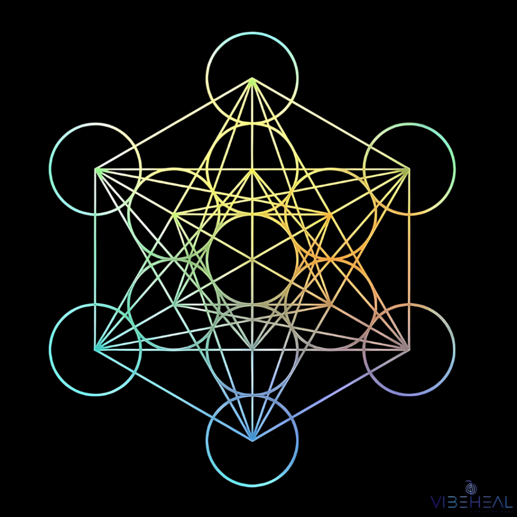 Illustration du Cube de Métatron en lignes multicolores sur fond noir, formant une figure symétrique de géométrie sacrée avec cercles et triangles imbriqués, et le logo VibeHeal en bas à droite.