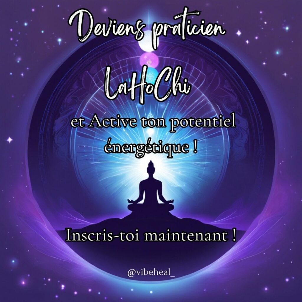 Visuel violet et bleu d’une initiation LaHoChi, avec silhouette en méditation devant un mandala lumineux, invitant à devenir praticien LaHoChi et à activer son potentiel énergétique.