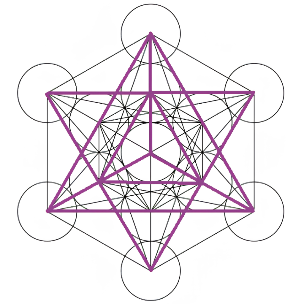Schéma du Cube de Métatron en noir sur fond blanc, avec une Merkabah en violet mise en évidence par deux tétraèdres imbriqués formant une étoile tridimensionnelle au sein de la structure de géométrie sacrée.
