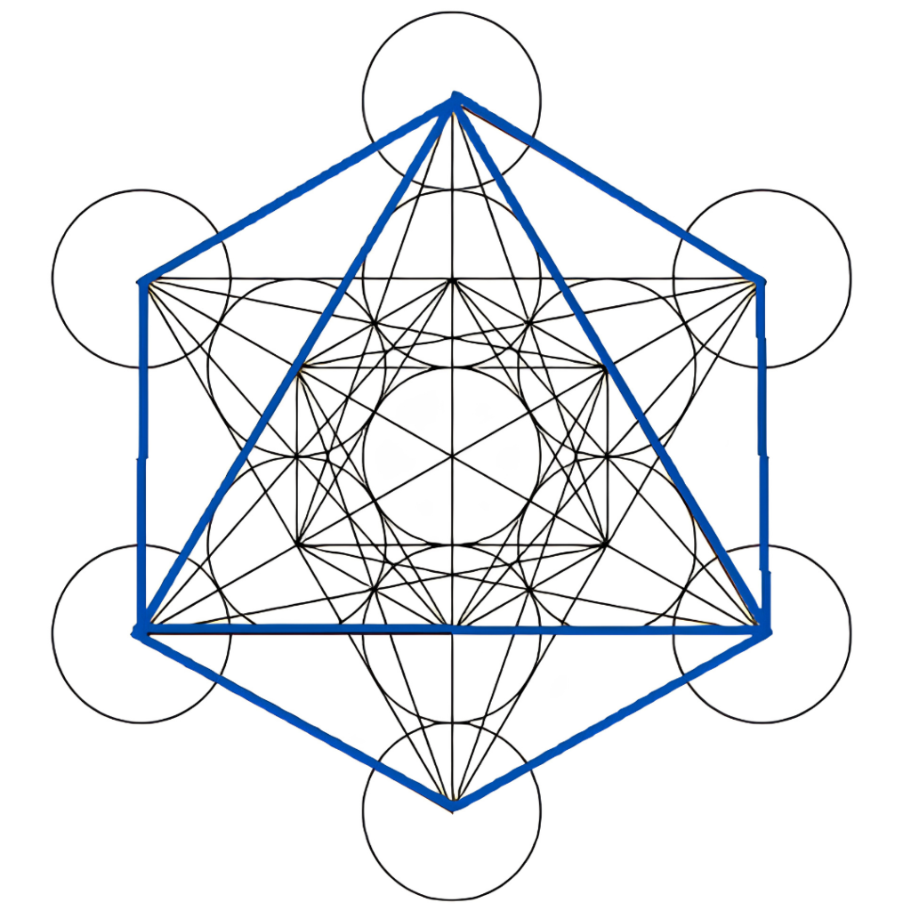 Schéma du Cube de Métatron en noir sur fond blanc, avec un octaèdre mis en évidence par des lignes bleues au sein de la structure de géométrie sacrée.