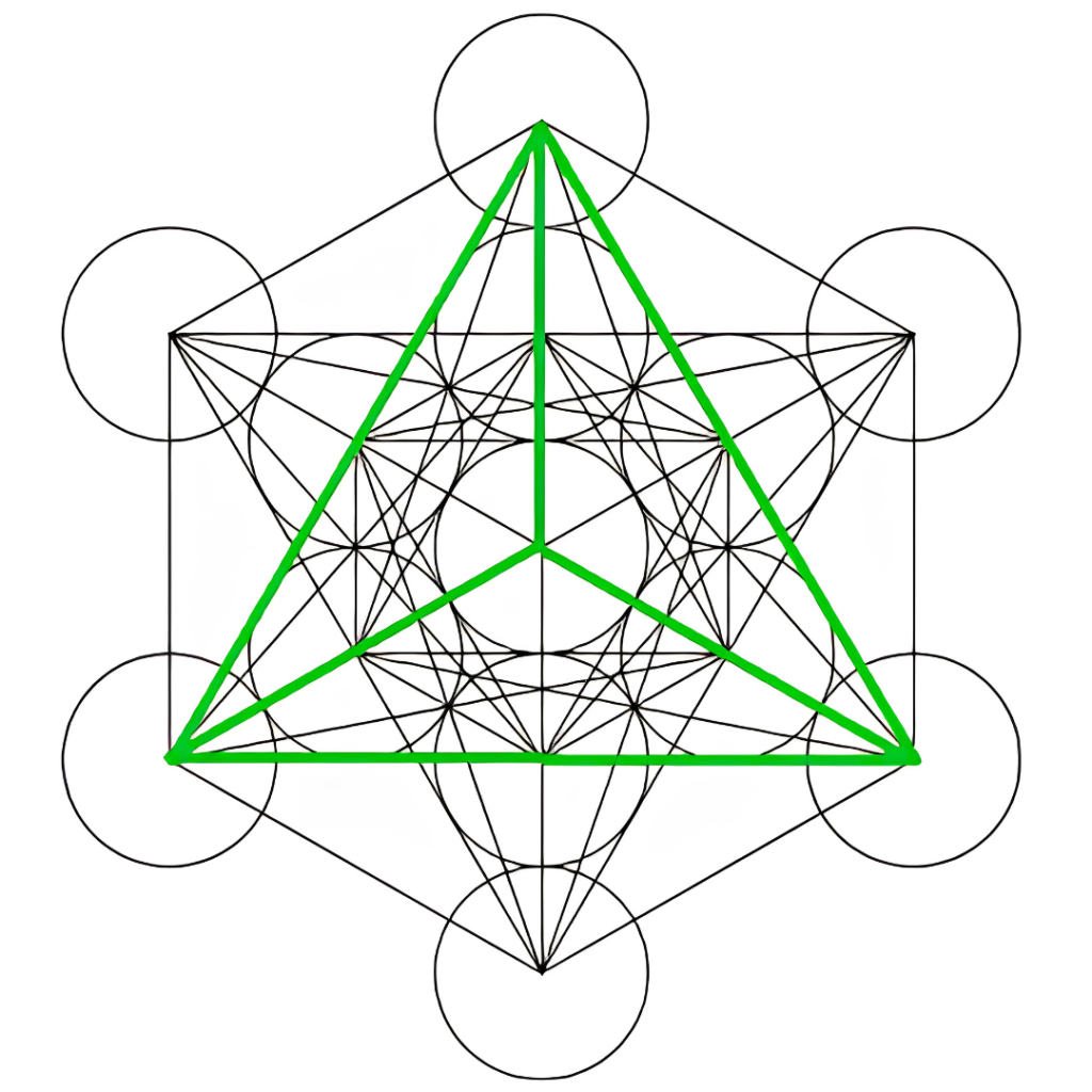 Schéma du Cube de Métatron en noir sur fond blanc, avec un tétraèdre mis en évidence par des lignes vertes au sein de la structure de géométrie sacrée.