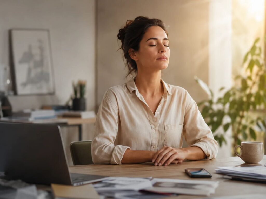 Femme enceinte assise les yeux fermés, les mains posées sur son ventre, dans une atmosphère douce et lumineuse évoquant la détente, le bien-être et l’accompagnement énergétique pendant la grossesse.