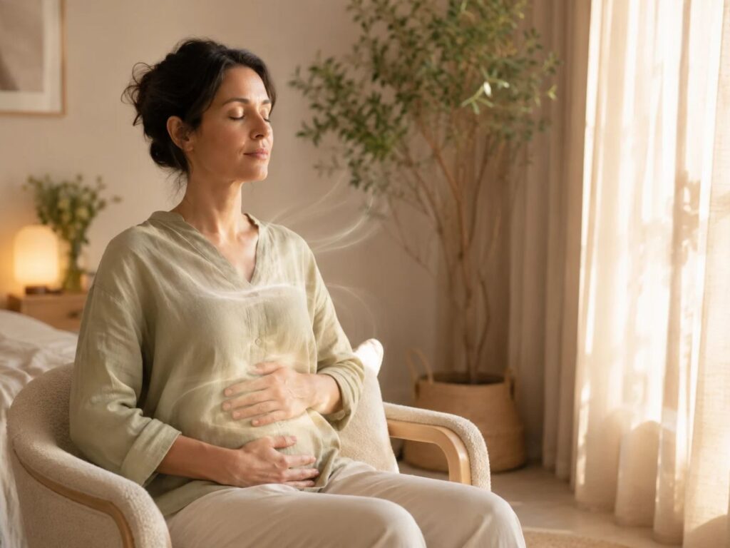 Femme enceinte assise les yeux fermés, les mains posées sur son ventre, dans une atmosphère douce et lumineuse évoquant la détente, le bien-être et l’accompagnement énergétique pendant la grossesse.