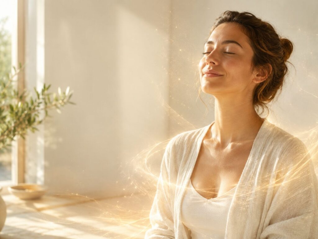 Femme assise les yeux fermés, entourée de fins flux lumineux dorés, dans un intérieur chaleureux et apaisant évoquant un soin énergétique et un profond état de détente.