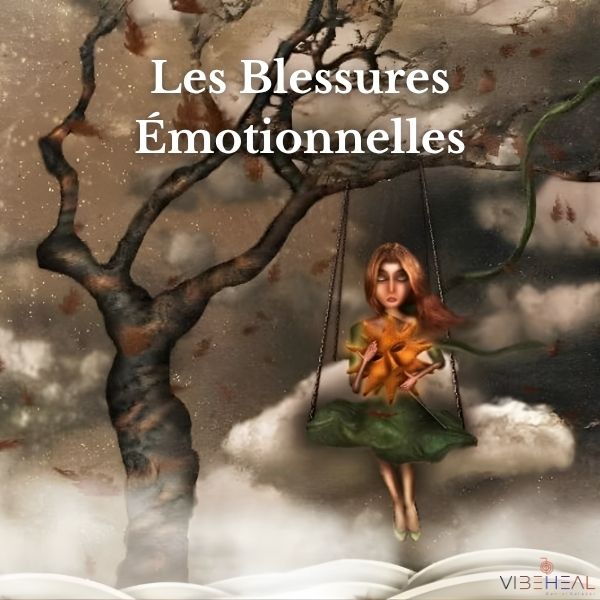 Illustration onirique d’une jeune femme assise sur une balançoire sous un arbre sombre, tenant une feuille d’automne contre elle, avec le texte “Les Blessures Émotionnelles"