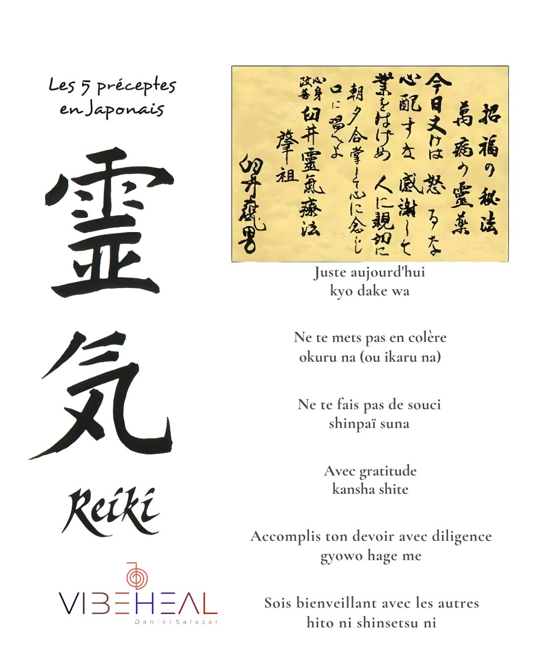 Illustration des cinq préceptes du Reiki en japonais, avec calligraphies, traductions françaises et logo VibeHeal.