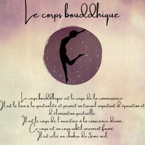 Illustration du corps bouddhique représenté par une silhouette humaine noire sur un cercle violet, avec un texte expliquant qu’il est associé à la connaissance, à la spiritualité, à l’ouverture à la conscience divine et qu’il est relié au chakra du troisième œil.