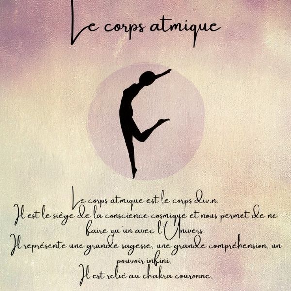 Illustration du corps atmique représenté par une silhouette humaine noire sur un cercle rose pâle, avec un texte expliquant qu’il est associé à la conscience cosmique, à l’unité avec l’Univers, à la sagesse et à un pouvoir infini, et qu’il est relié au chakra couronne.