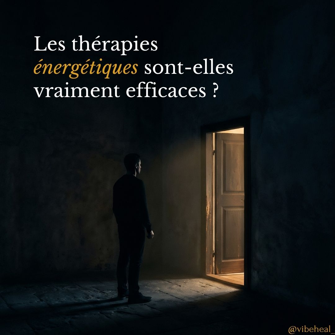 Homme debout dans une pièce sombre face à une porte éclairée, avec la question : “Les thérapies énergétiques sont-elles vraiment efficaces ?”