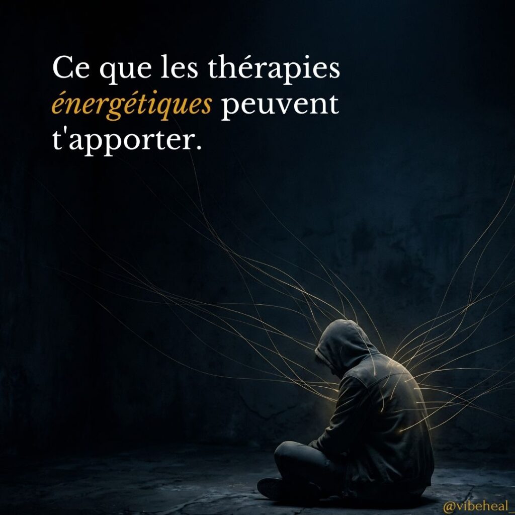 Personne assise dans une pièce sombre, entourée de fins filaments lumineux évoquant des flux énergétiques, avec le texte : “Ce que les thérapies énergétiques peuvent t’apporter.”
