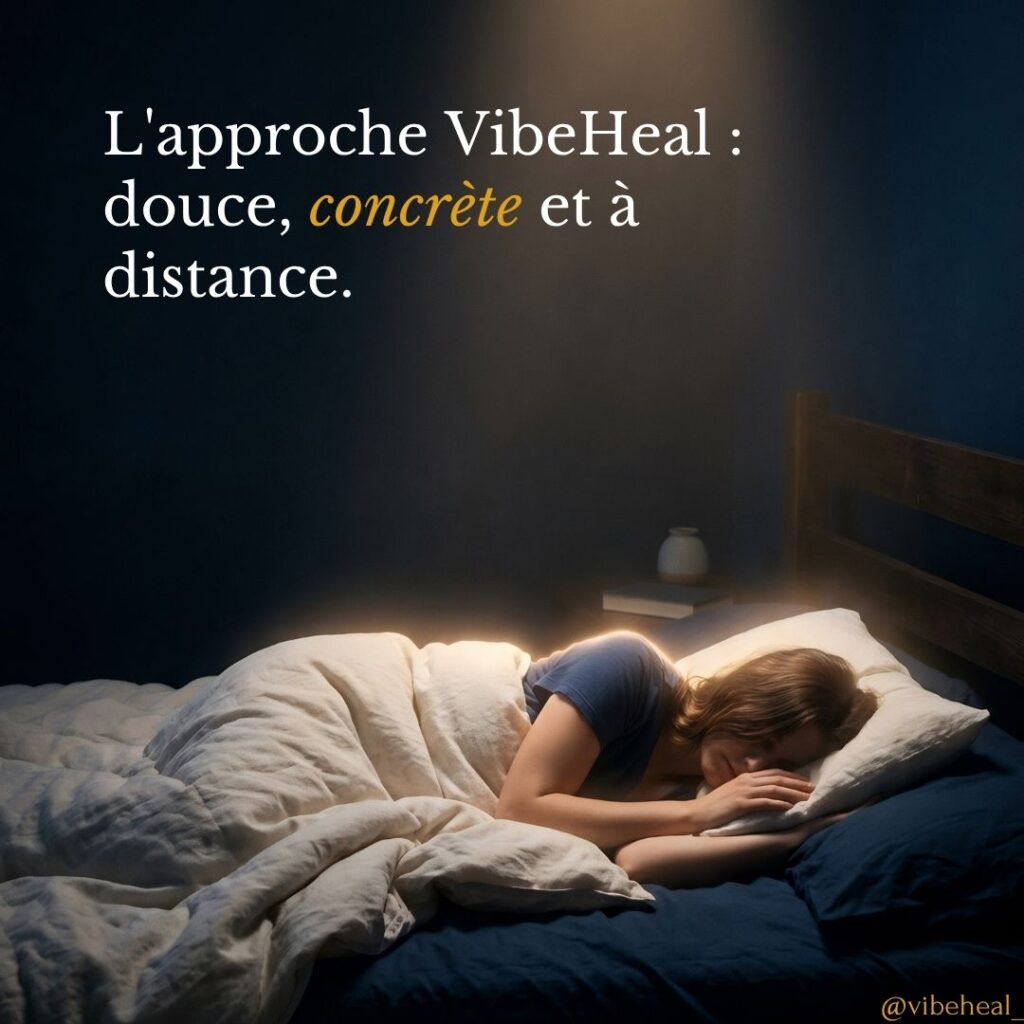 Femme allongée paisiblement dans son lit, baignée par une lumière douce, avec le texte : “L’approche VibeHeal : douce, concrète et à distance.”