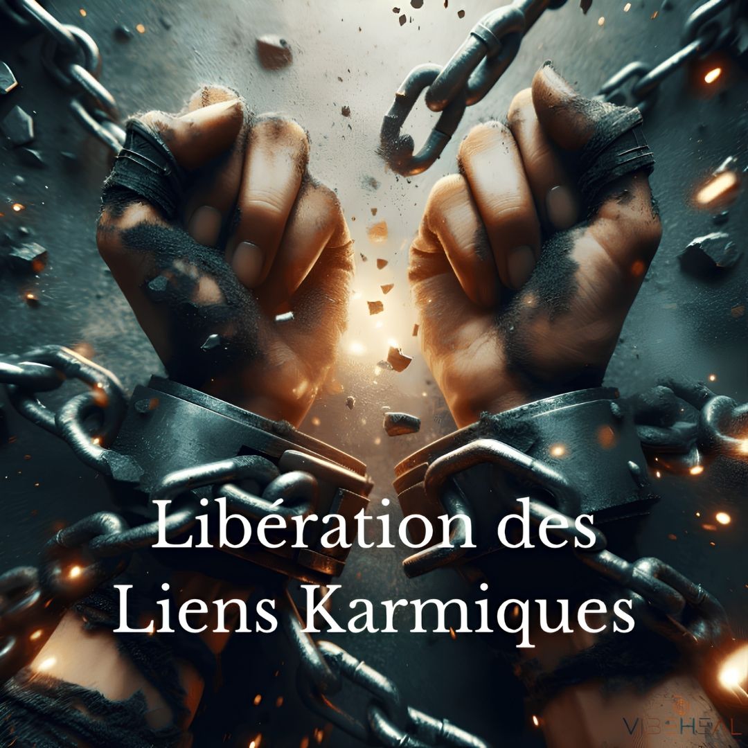 Illustration de deux mains brisant des chaînes métalliques dans une explosion de lumière, symbolisant la libération et le détachement, avec le texte « Libération des Liens Karmiques ».