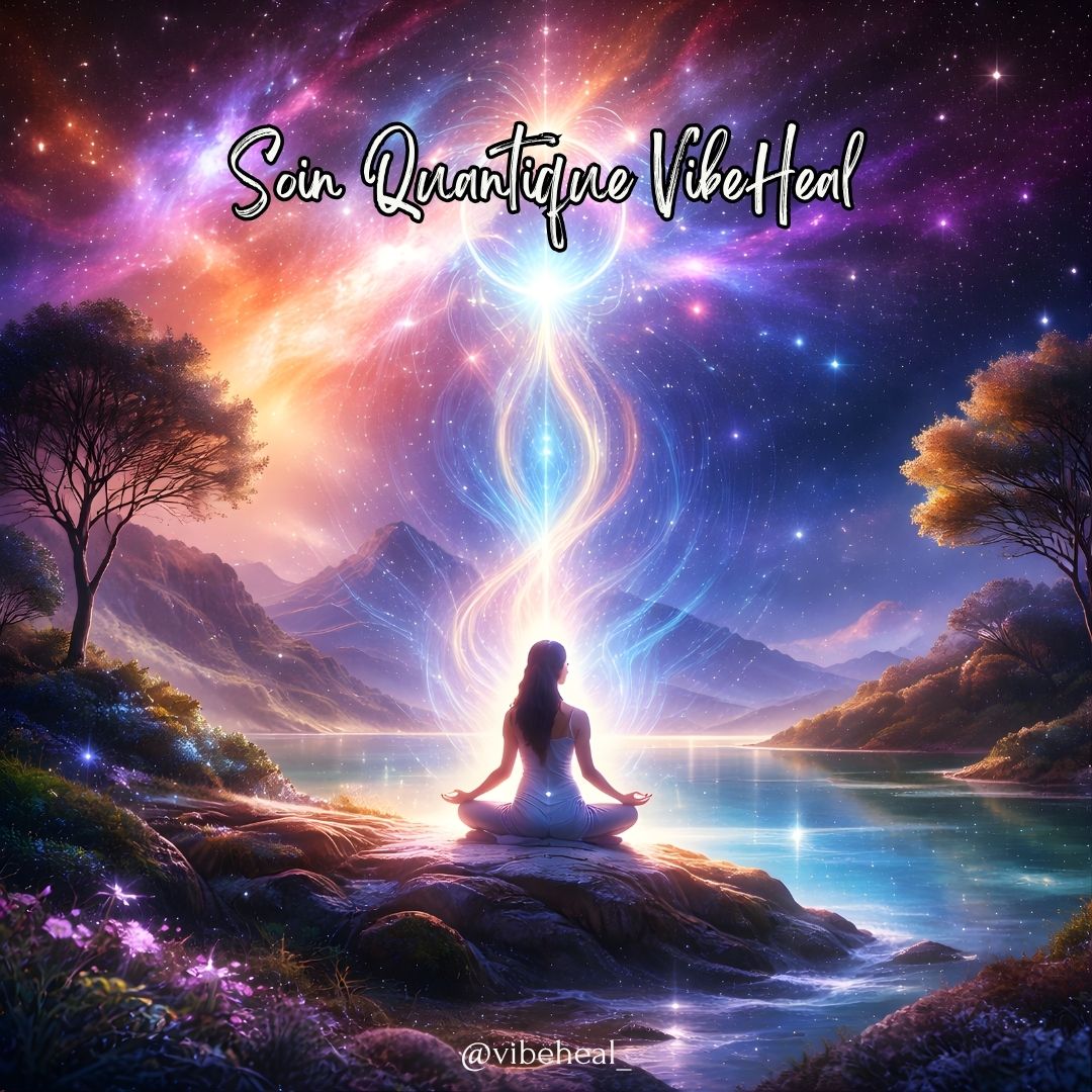 Illustration d’un soin quantique VibeHeal montrant une femme en méditation au bord d’un lac, sous un ciel étoilé, traversée par une colonne de lumière énergétique aux teintes bleues, violettes et dorées.