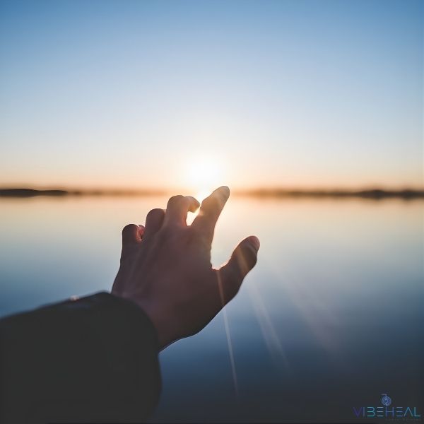 Main tendue vers la lumière du soleil au-dessus d’un lac calme, symbolisant la réception d’un soin énergétique à distance et la connexion à l’énergie.