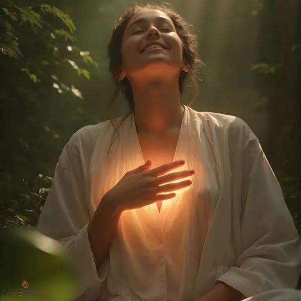 Femme souriante en pleine nature, les yeux fermés et la main posée sur le cœur, avec une lumière chaude au niveau de la poitrine, symbolisant l’apaisement et le soin énergétique à distance.