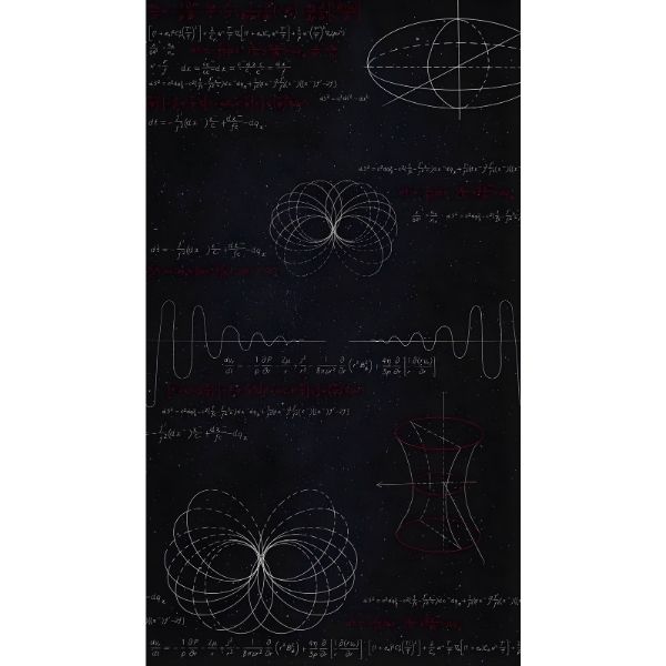Illustration sombre de formules mathématiques, ondes et figures géométriques représentant des concepts de physique quantique et de champs énergétiques.