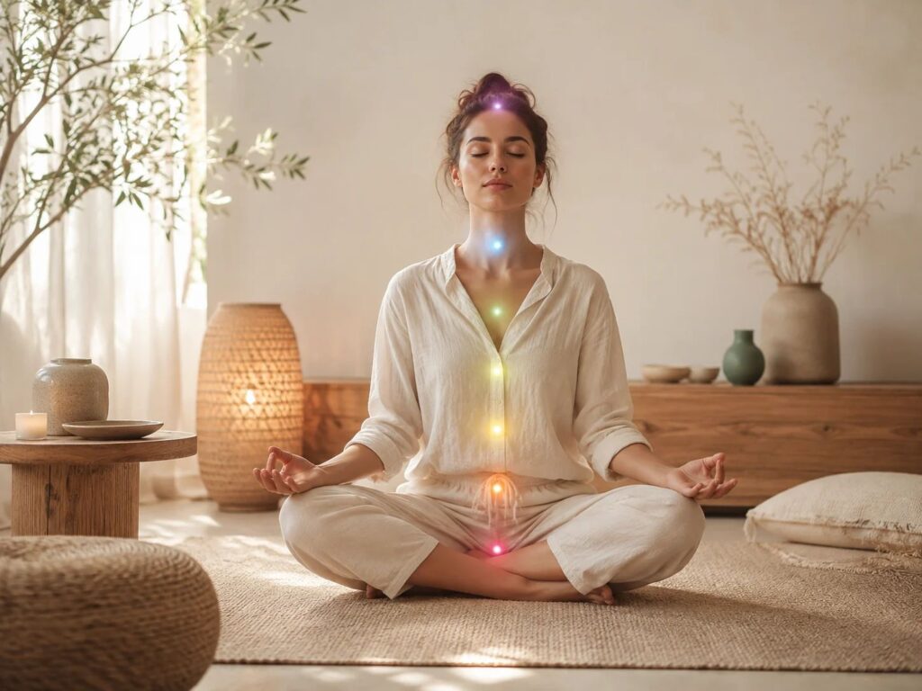Femme assise en méditation dans un intérieur doux et lumineux, avec de très discrètes lumières colorées alignées le long de son corps, évoquant l’harmonisation et l’équilibrage des chakras.