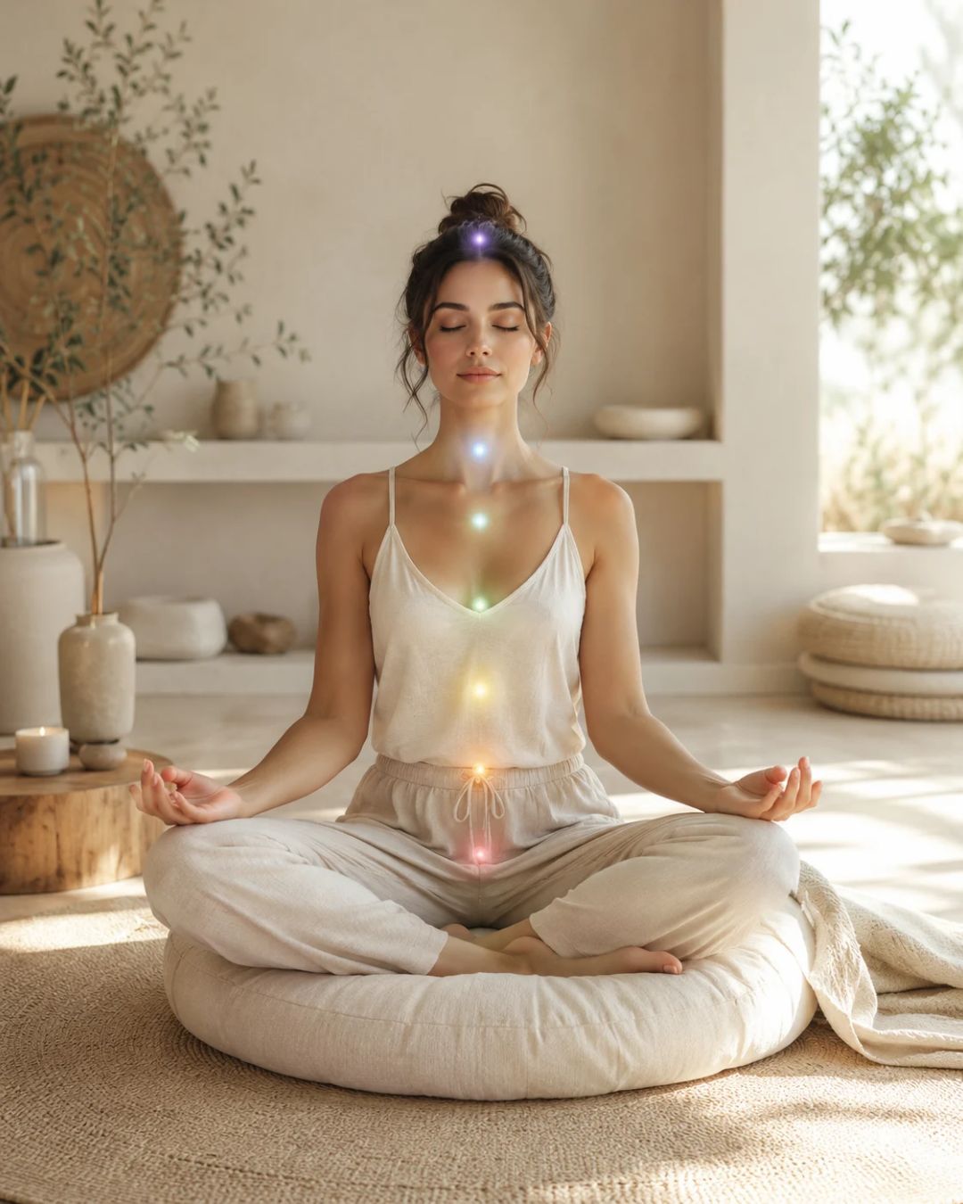 Femme assise en méditation sur un coussin dans un intérieur doux et lumineux, avec sept points lumineux très discrets alignés le long du corps, évoquant l’harmonisation et l’équilibrage des chakras.