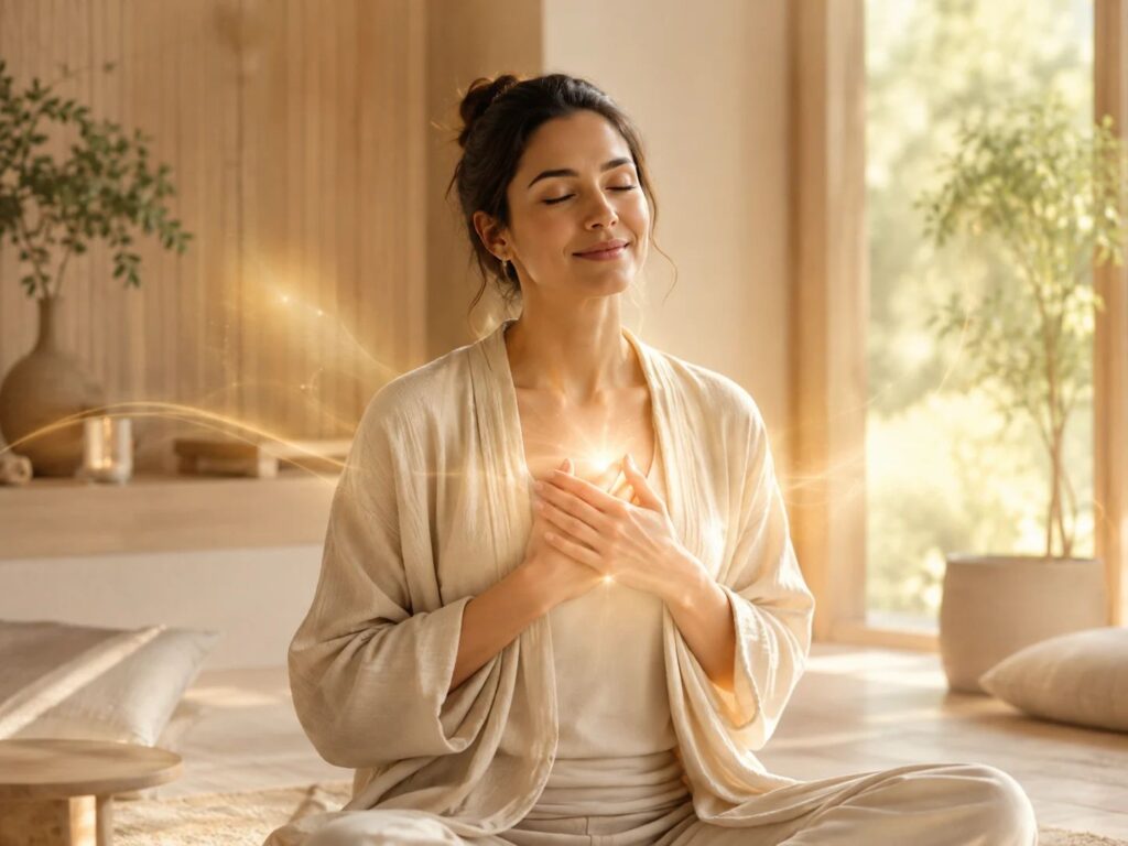 Femme sereine assise dans un intérieur doux et lumineux, les mains posées sur le cœur, entourée d’une lumière chaude et subtile, évoquant la compassion, le réconfort et l’ouverture du cœur liés au Karuna Ki.
