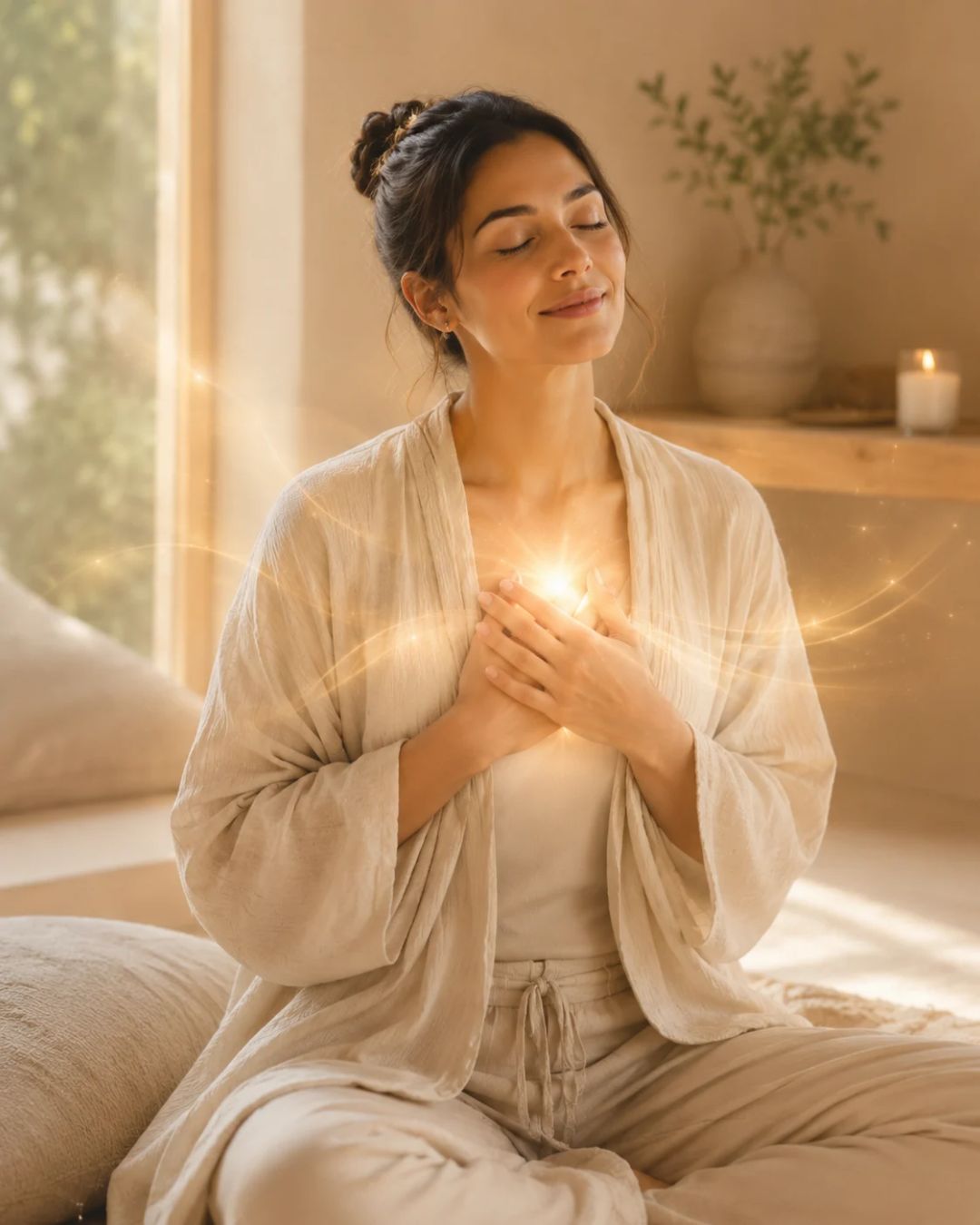 Femme sereine assise dans un intérieur chaleureux et lumineux, les mains posées sur le cœur, entourée d’une douce lumière dorée, évoquant la compassion, le réconfort et l’ouverture du cœur propres au Karuna Ki.