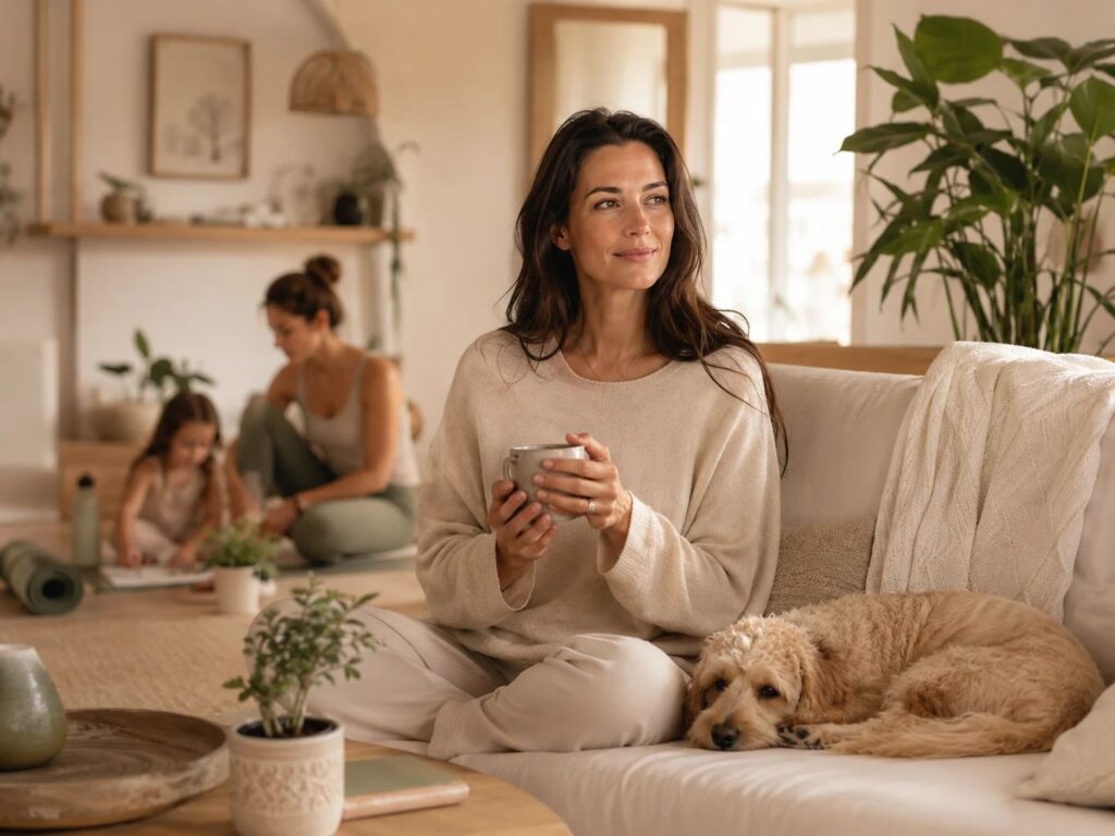 Femme sereine assise dans un intérieur lumineux et naturel, tenant une tasse près d’un chien allongé, avec des plantes autour et, en arrière-plan flou, une femme et un enfant près d’un tapis, évoquant un accompagnement doux, vivant et adapté à différentes situations.