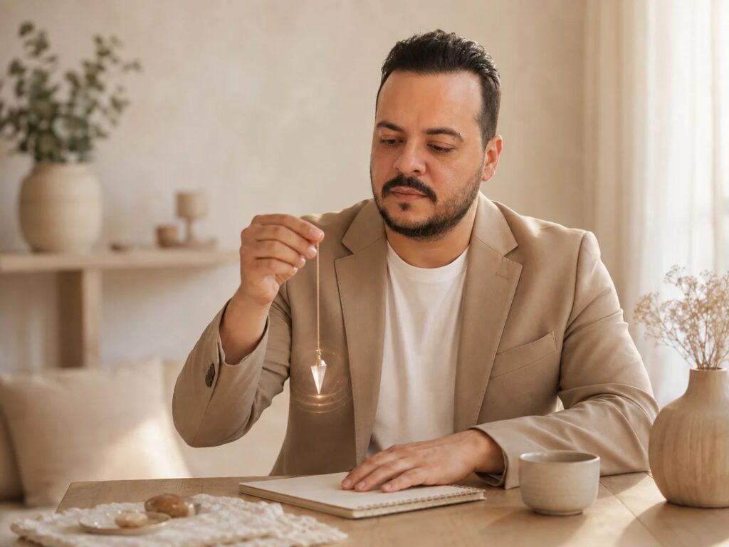 Daniel utilisant un pendule au-dessus d’un carnet dans un intérieur lumineux et apaisant, dans une atmosphère sobre et naturelle évoquant la clarté, l’intuition et la guidance.