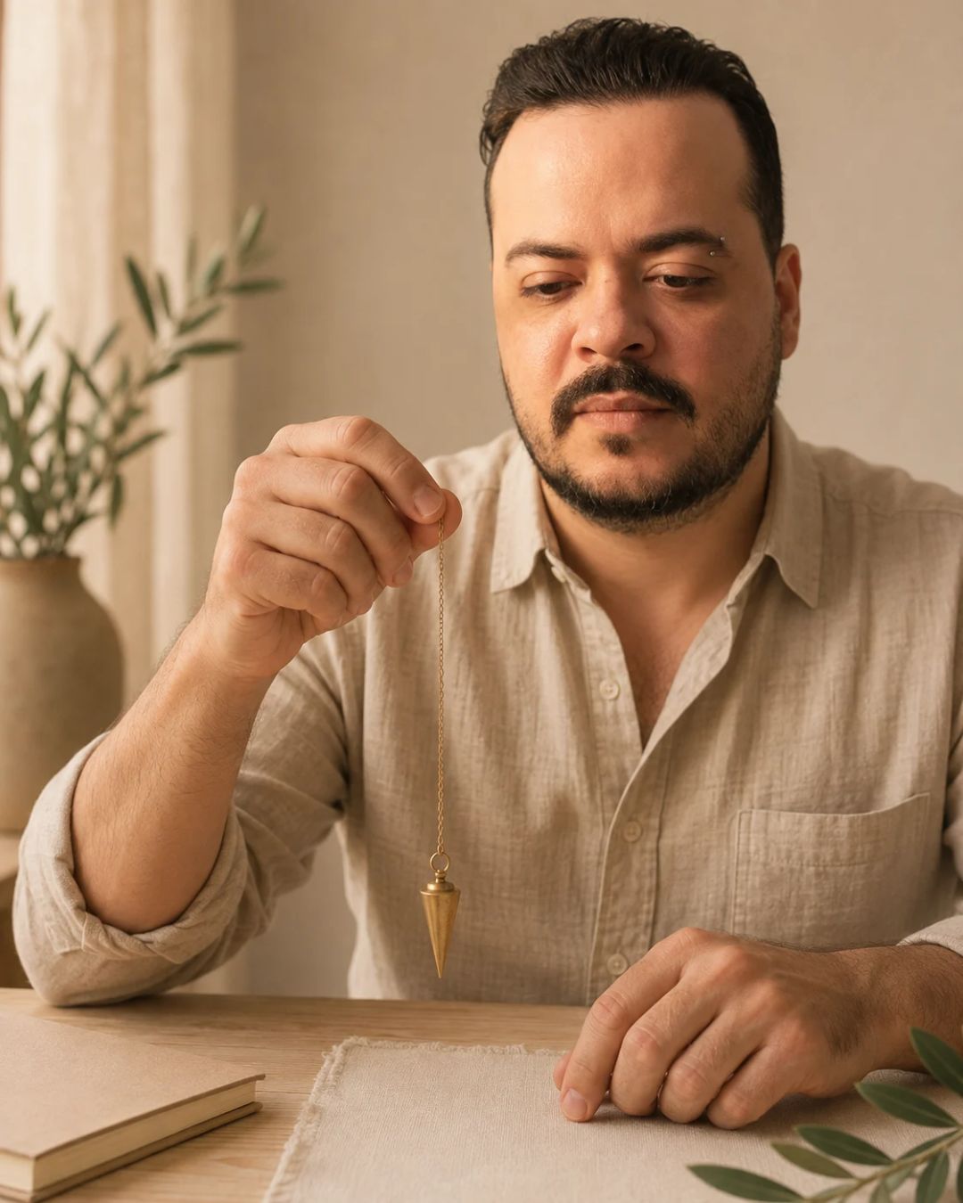 Homme concentré tenant un pendule en laiton au-dessus d’une table claire, dans une ambiance douce et naturelle.