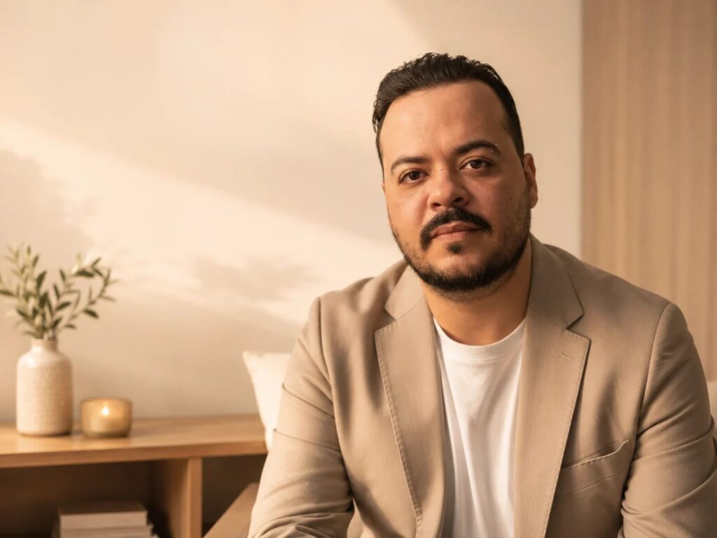 Portrait de Daniel Salazar, fondateur de VibeHeal, dans un intérieur lumineux aux tons beige et naturels.