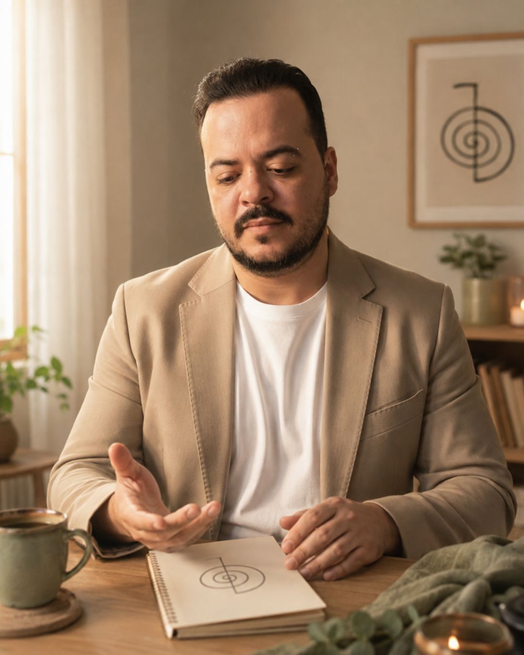 Daniel Salazar découvre le Reiki dans un environnement calme, les mains ouvertes près d’un carnet portant un symbole Reiki.