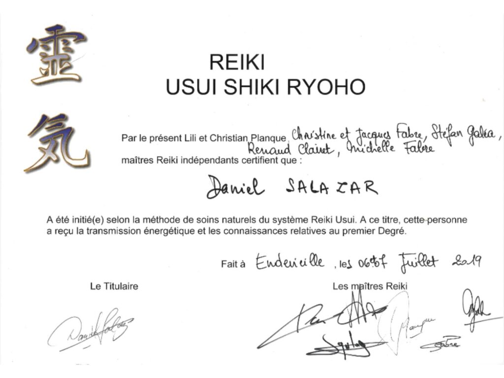 Certificat d’initiation au premier degré de Reiki Usui Shiki Ryoho délivré à Daniel Salazar en juillet 2019.