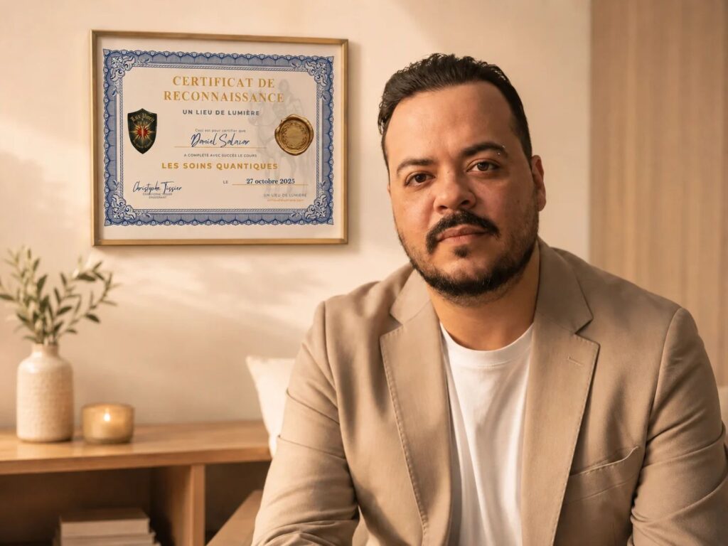 Portrait de Daniel Salazar dans un intérieur chaleureux, avec son certificat de formation aux soins quantiques encadré sur le mur.