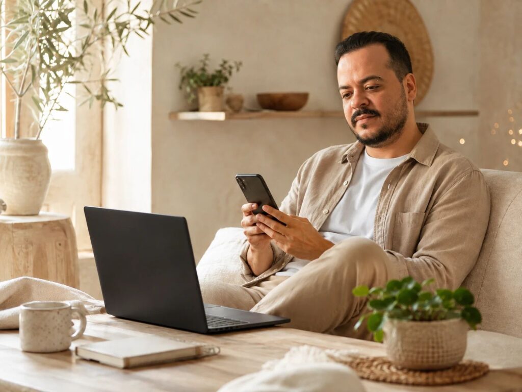 Homme assis dans un intérieur lumineux, consultant son smartphone devant un ordinateur portable noir, dans une ambiance chaleureuse et apaisante.