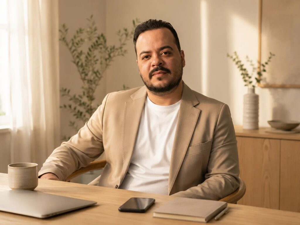 Homme assis à une table dans un intérieur lumineux et chaleureux, avec un ordinateur portable fermé, un smartphone et un carnet, dans une ambiance calme et accueillante.