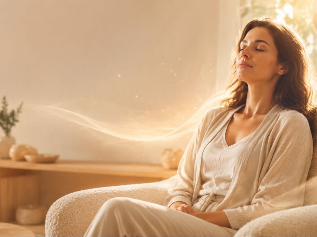 Femme sereine assise les yeux fermés dans un fauteuil, dans un intérieur lumineux et apaisant, évoquant un soin Reiki à distance.