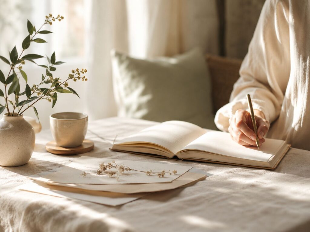 Carnet ouvert sur une table en lin, main écrivant à la lumière naturelle, tasse en céramique et branche végétale dans une ambiance douce et apaisante.