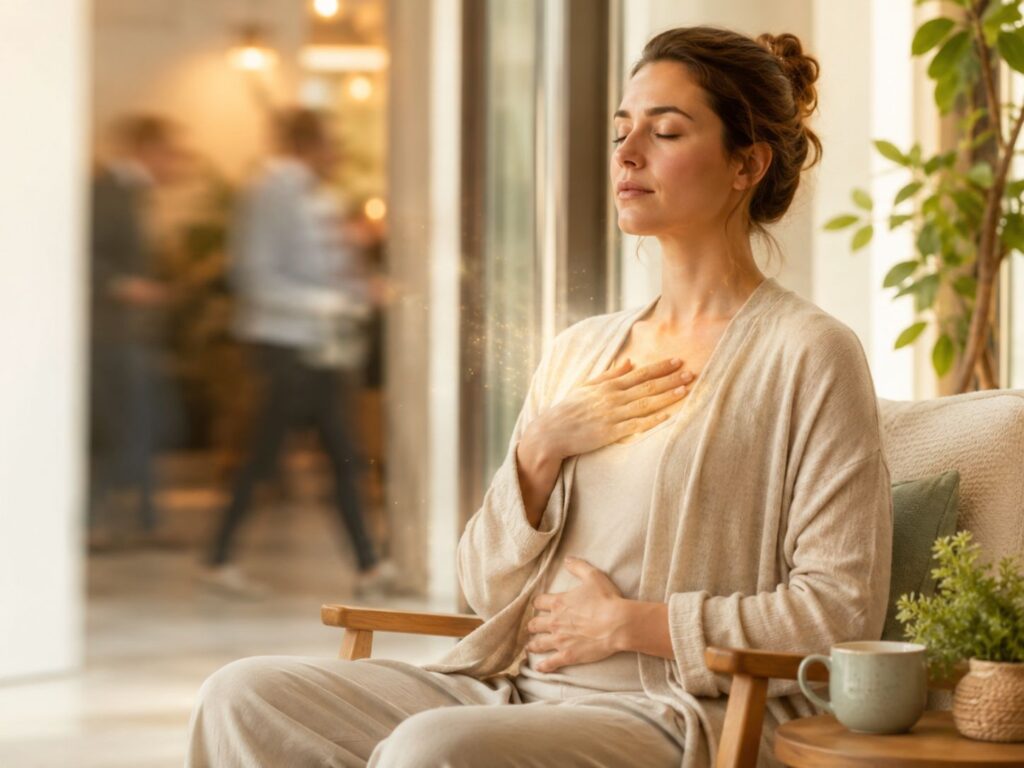 Femme assise les yeux fermés, une main sur le cœur et l’autre sur le ventre, pratiquant une respiration consciente dans un intérieur lumineux et apaisant.