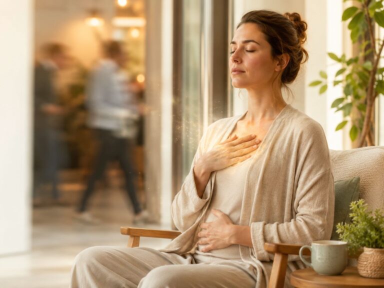 Femme assise les yeux fermés, une main sur le cœur et l’autre sur le ventre, pratiquant une respiration consciente dans un intérieur lumineux et apaisant.