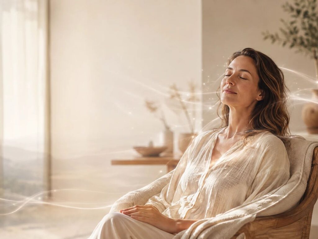 Femme sereine, les yeux fermés, recevant un soin énergétique à distance dans un intérieur lumineux aux tons beige et crème.