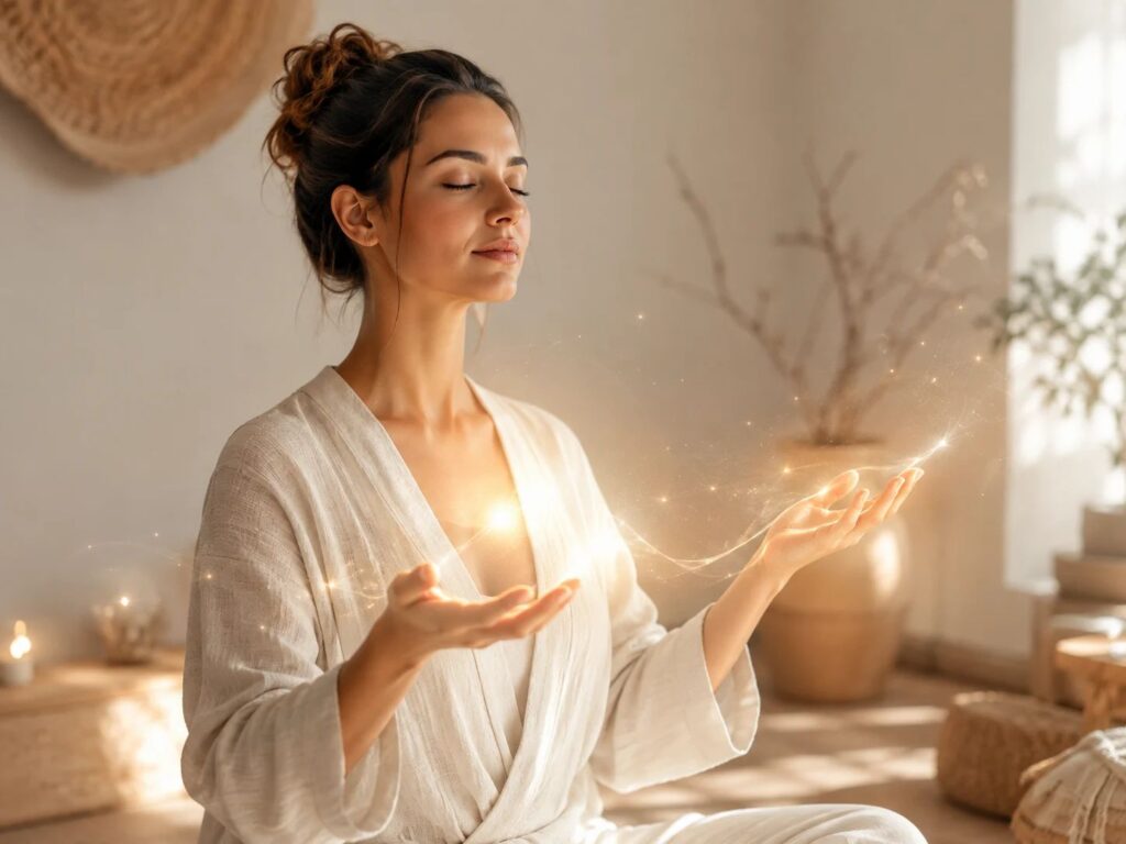 Femme sereine, les yeux fermés et les mains ouvertes, entourée d’une douce lumière dorée évoquant une transmission énergétique LaHoChi.