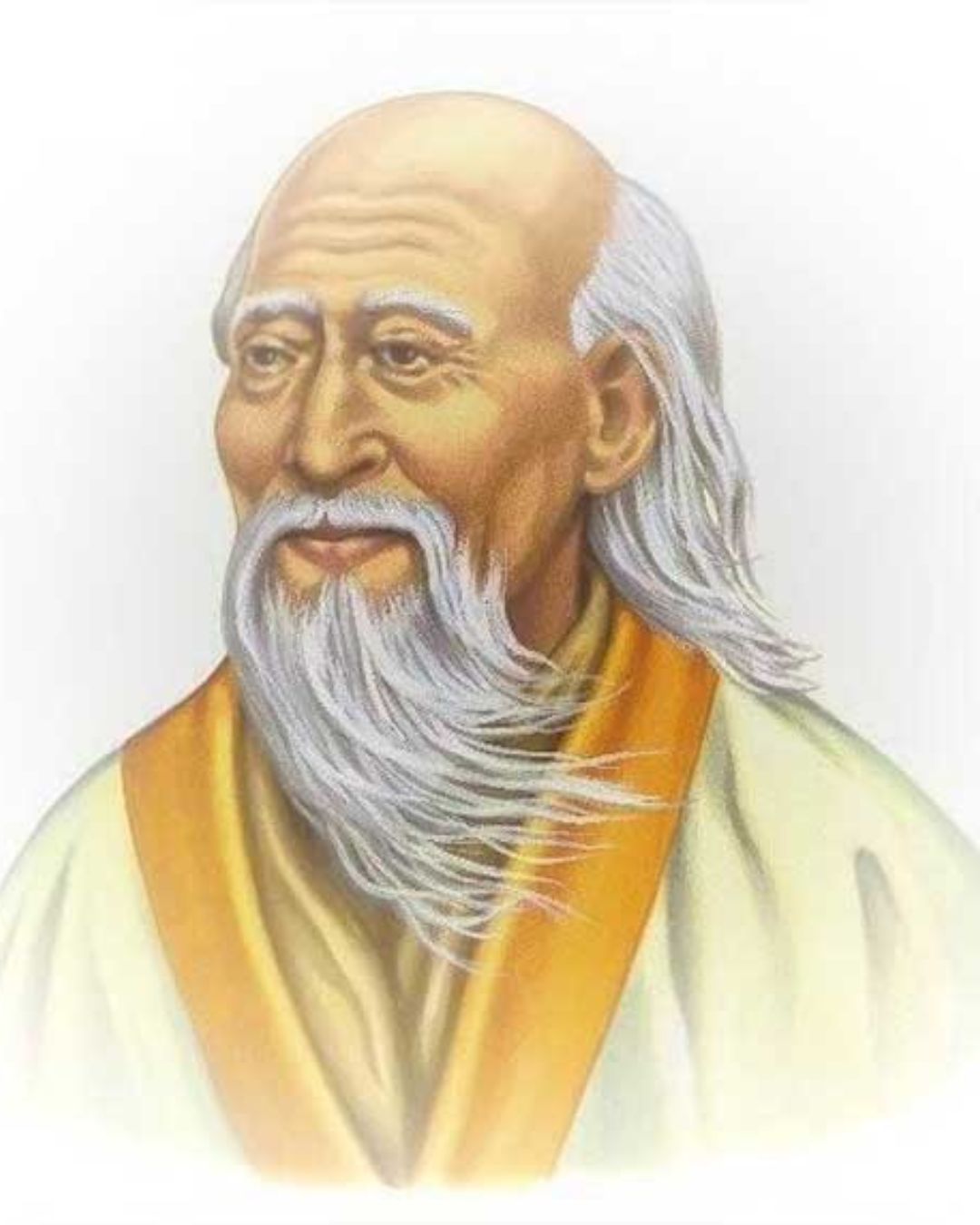 Portrait illustré de Lao-Tseu, représenté avec une longue barbe blanche et une tenue traditionnelle aux tons crème et dorés, figure associée au LaHoChi.