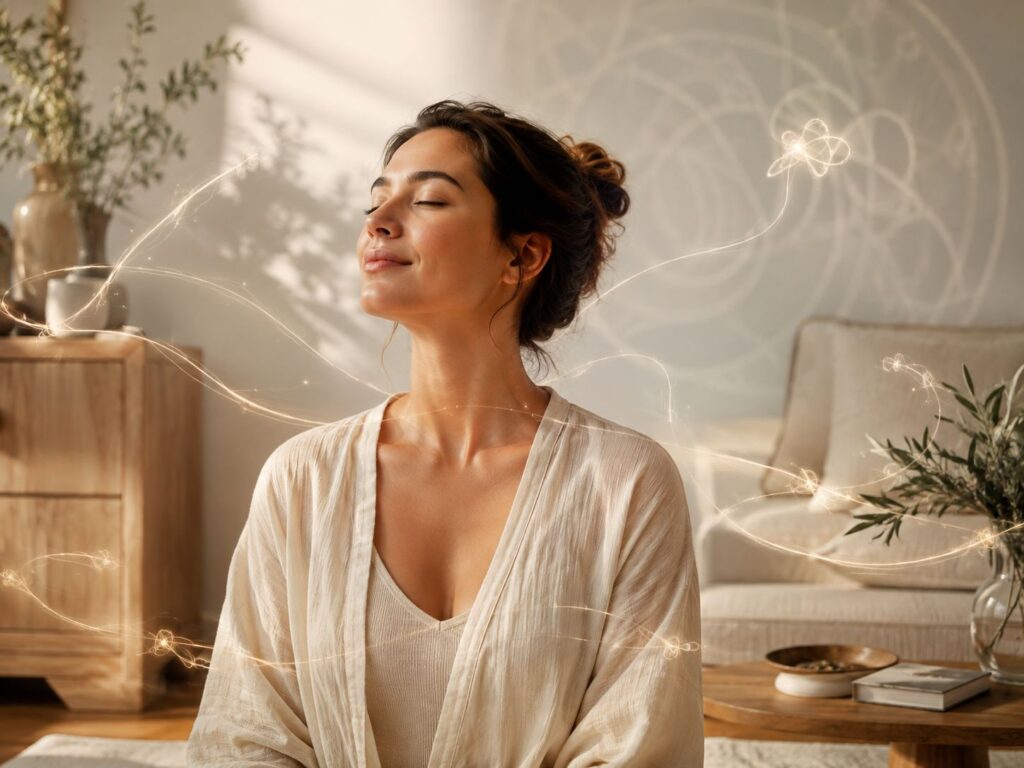 Femme sereine aux yeux fermés dans un intérieur lumineux et épuré, entourée de fins filaments lumineux beige doré qui se délient doucement, évoquant l’apaisement, la libération intérieure et la sortie de schémas répétitifs.
