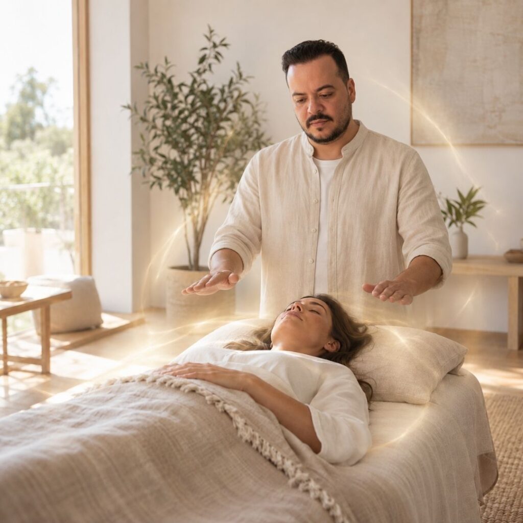 Praticien et receveur entourés d’une lumière douce évoquant le sceau de protection LaHoChi.