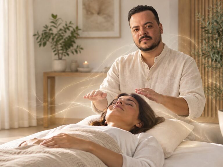 Homme pratiquant un soin énergétique LaHoChi auprès d’une femme allongée, dans un intérieur lumineux et apaisant, entourés d’une douce lumière dorée suggérant une protection énergétique.