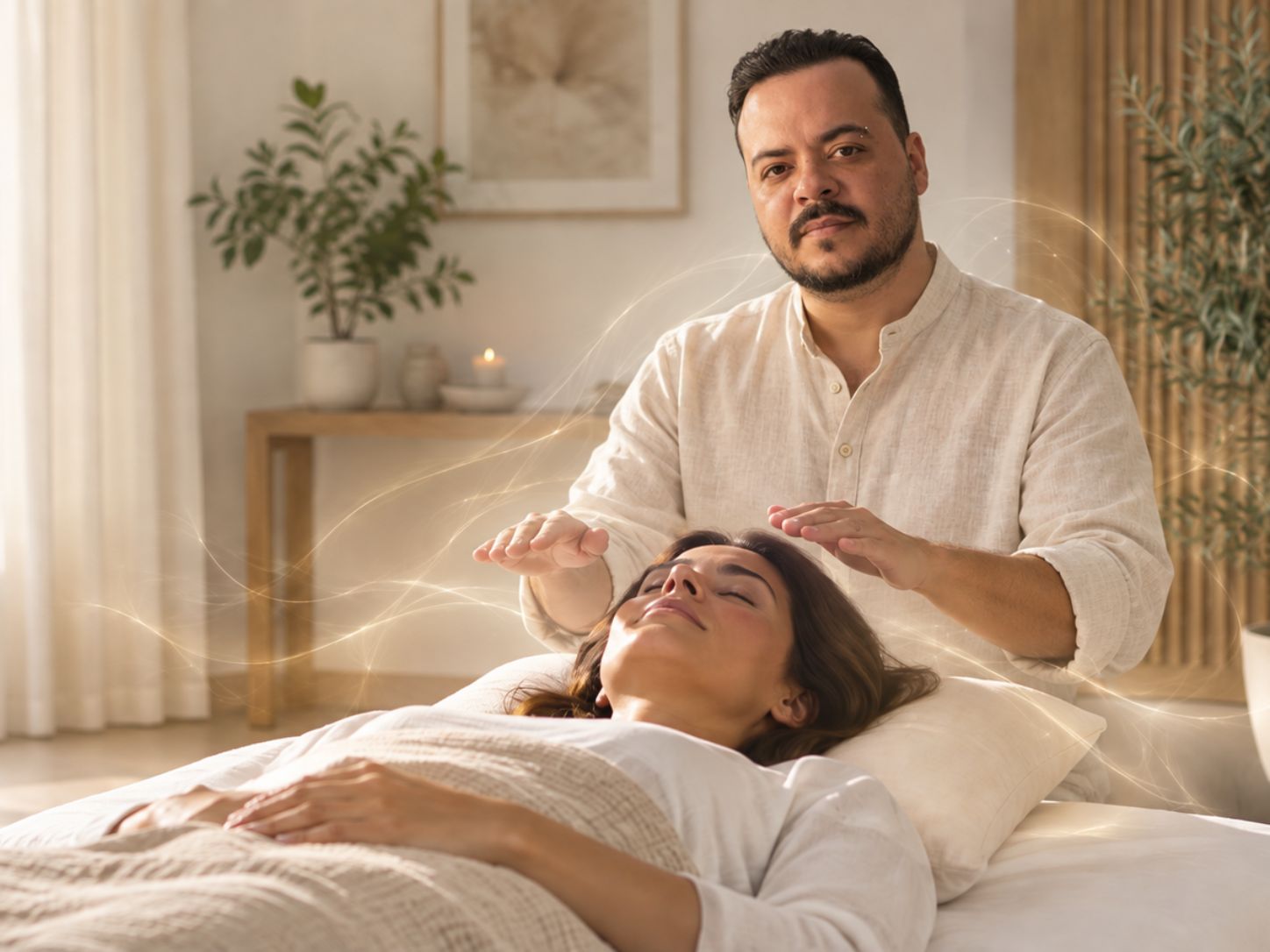 Homme pratiquant un soin énergétique LaHoChi auprès d’une femme allongée, dans un intérieur lumineux et apaisant, entourés d’une douce lumière dorée suggérant une protection énergétique.
